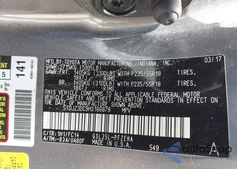 2017 Toyota Sienna Le 7 Passenger z USA, uszkodzony, nr VIN 5TDJZ3DC9HS166879